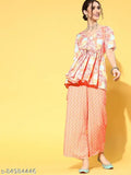 Multi-color digital print flared kurta with palazzo set, cotton fabric, short sleeves, India origin, peplum top with plunge neck and front slit