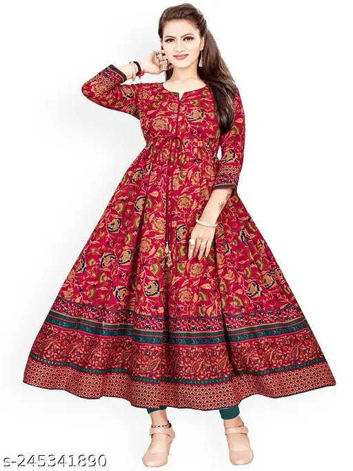 Rayon printed Anarkali long gown, three-quarter sleeves, Indian handicraft for women's fashion