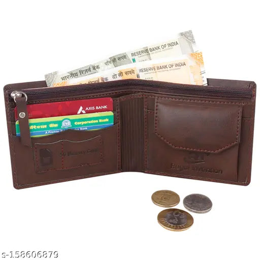Tan faux leather men's wallet with unique design, durable cloth lining, 4 card slots, coin pocket, and secret chain compartment