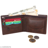 Tan faux leather men's wallet with unique design, durable cloth lining, 4 card slots, coin pocket, and secret chain compartment