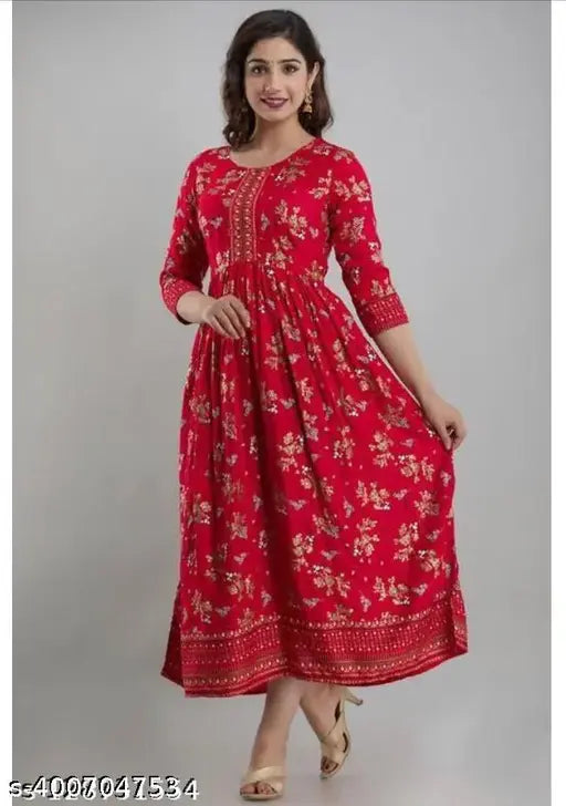 Long red anarkali kurta with floral print, border