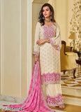 Heavy Faux Georgette Pakistani suit, long-sleeved kurta with dupatta & palazzos, embellished in Indian embroidery. Free size (waist 42in, length 40in)