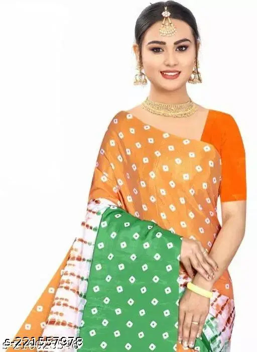 Attractive chiffon Triranga digital print saree by Kamdhanu, free size (5.5m length), with separate art silk blouse, dyed/washed pattern