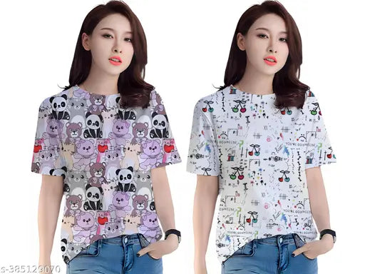 Two oversized graphic t-shirts with cute cat faces in vibrant colors on white fabric. Offer valid until 2nd June