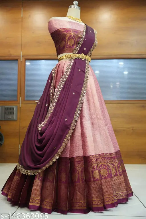 Art Silk, Litchi Silk zari work Half Saree with Embroidered Dupatta, Festival South Indian style semi-stitched