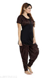 Polyester nightsuit with dhoti top and pockets for women, features printed net pattern, available in sizes L, XL, XXL