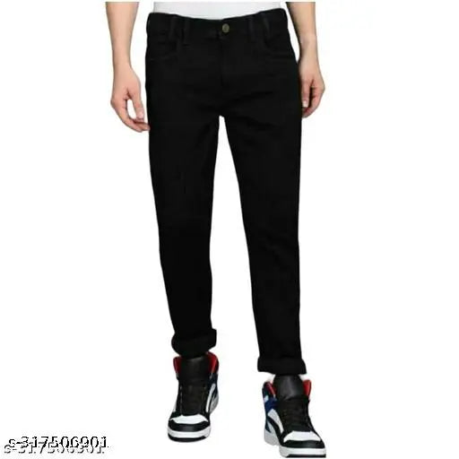 Men's polyester stretchable slim fit jeans, solid color denim cotton pants for fashionable everyday wear. Sizes include 28, 30, and 32. Made in India