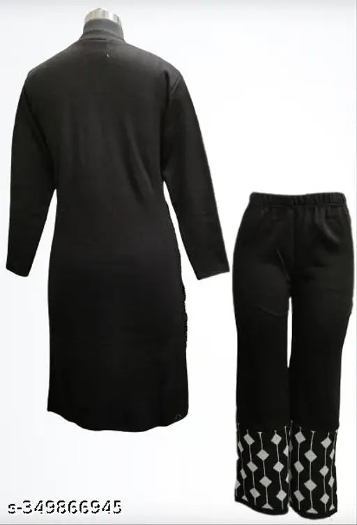 Woolen Free Size Palazzo Kurta set, single pocket, three-quarter sleeves. Printed net design for women's winters wear. Comfortable, itch-free fabric and elasticated waistband