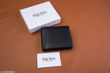 Solid leather bi-fold wallet for men, Hide Horn branded, features RFID protection, 3 card slots, 1 hidden slot, 2 zipper pockets, coin pocket, ID window, cash compartments, gift packaging, free size (11cm x 9cm), Made in India