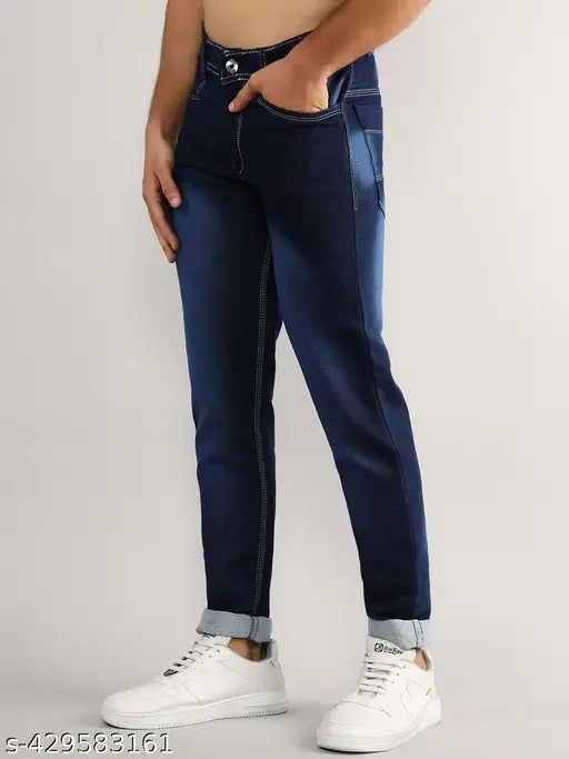 Trendy men's light blue denim jeans, zip closure