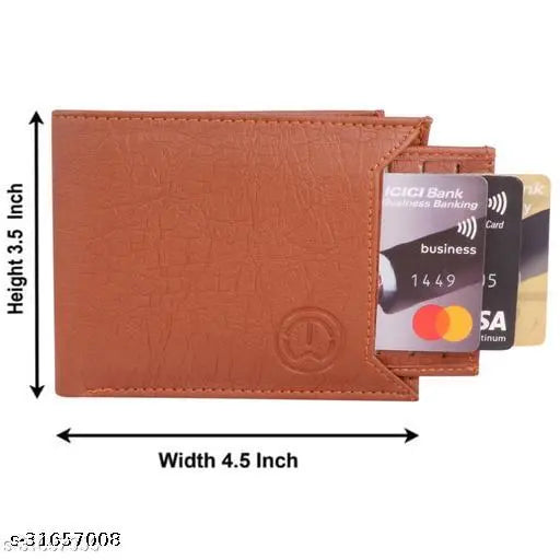 Brown faux leather two-fold men's wallet, free size (11cm x 10cm), well-crafted PU leather, durable lining, 3 card slots, 2 secret compartments, coin pocket, currency compartment, made in India
