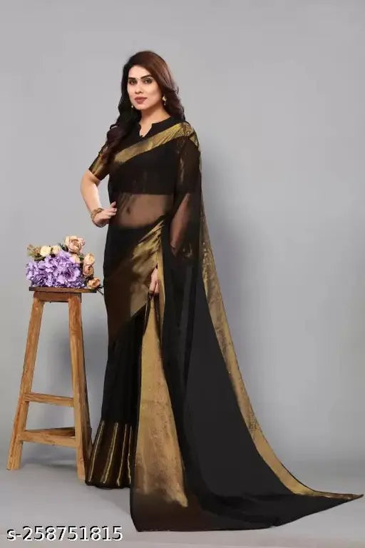 Black chiffon saree with sheer borders, ideal for weddings