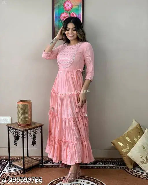 Rayon embellished anarkali pink gown with three-quarter sleeves, India origin
