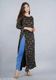Rayon flared printed A-line kurti for women, three-quarter sleeves, trendy fit and flare style, size S to XXL, Indian origin