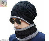 Black-and-red winter wear set: Stretchy beanie, cap with face cover, scarf, and fur-lined neck warmer for men & women in outdoors activities