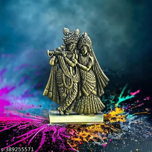 Oxidized gold Hindu God Radha Krishn metal statue, 5cm x 6cm car dashboard idol for home decor or religious use