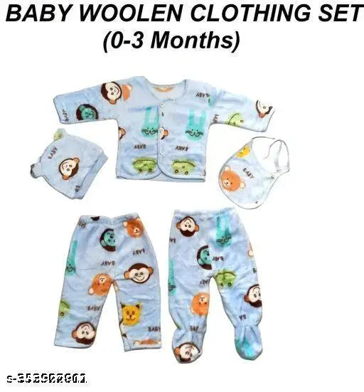 Kids winter wear set: Wool sweater, pajama, cap, socks with printed net pattern for 0-3 months, Indian origin