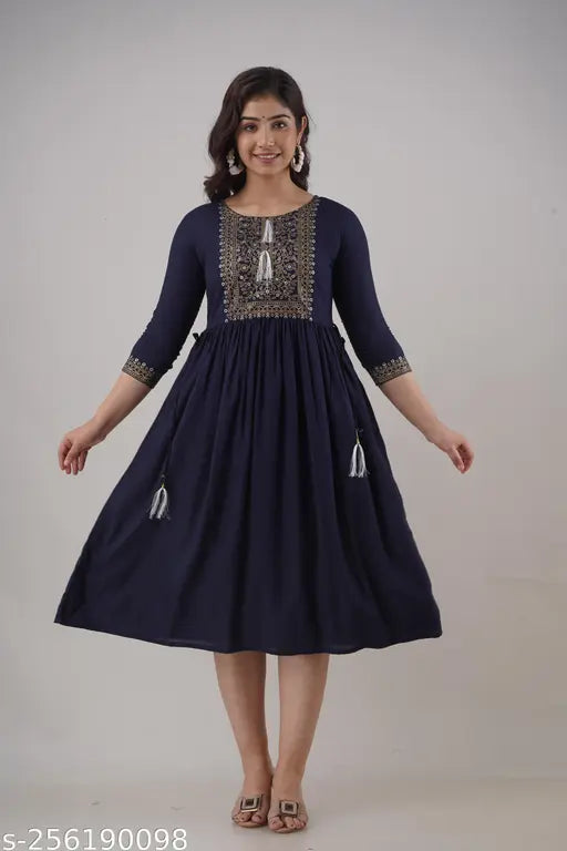 Indian women's rayon kameez kurta with printed design, short sleeve, knee length