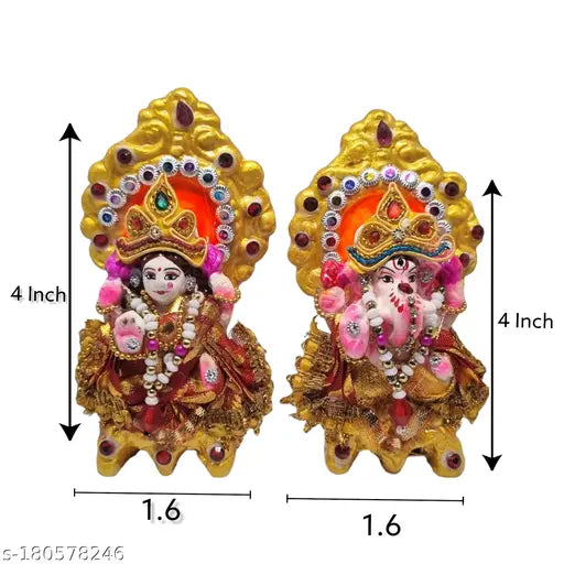 Hand-painted ceramic Laxmi Ganesh Idol, Indian artisanal statue of deities Laxmi and Ganesha
