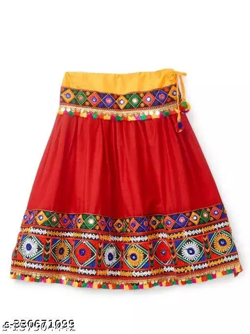Red embroidered Kutchi Girls Chaniya Choli with yellow Dupatta, cotton on multiple sizes for young girls