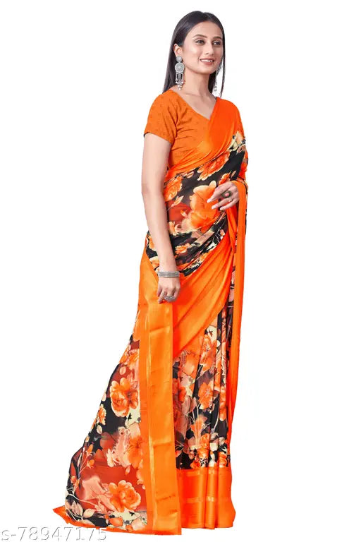 Orange Georgette Satin Patta Saree, 9 yard length, unstitched blouse