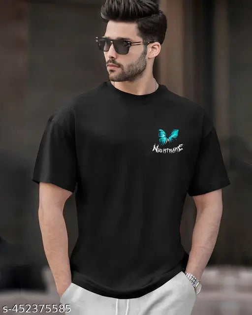 White printed down shoulder T-shirt for men by Daiki, cotton, short sleeves, size M (38" chest, 27" length), made in India