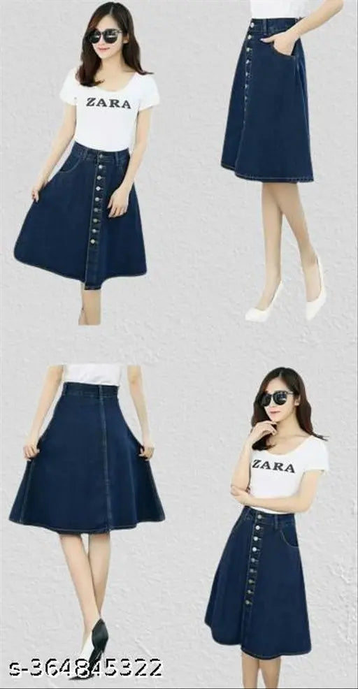 Navy Blue Side-Pocket Buttoned A-Line Midi Denim Skirt for Women - Lightweight, home washable, and trendy