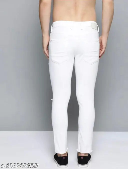 Black and white men's designer printed skinny jeans with a knee cut design