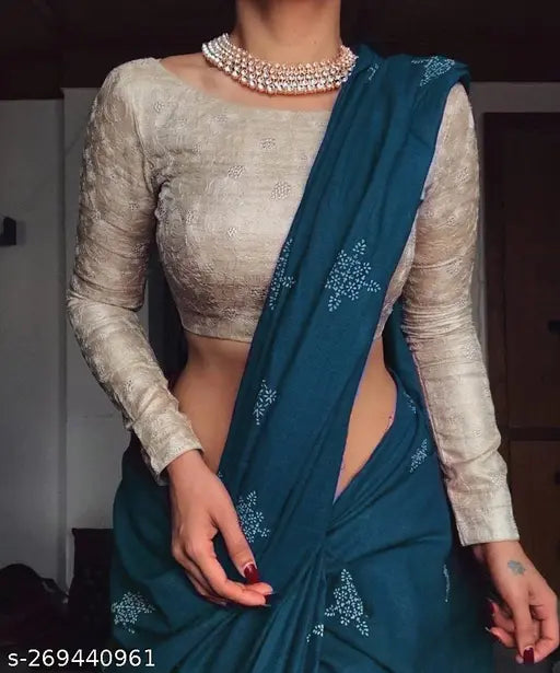 Teal Muslin Cotton Silk Saree with Satin Banglori Design Blouse, vibrant party wear designer saree on display