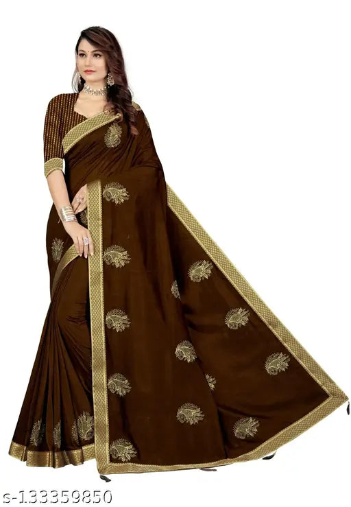 Vichitra coffee-colored silk saree with zari embroidery, lightweight and comfortable for formal wear
