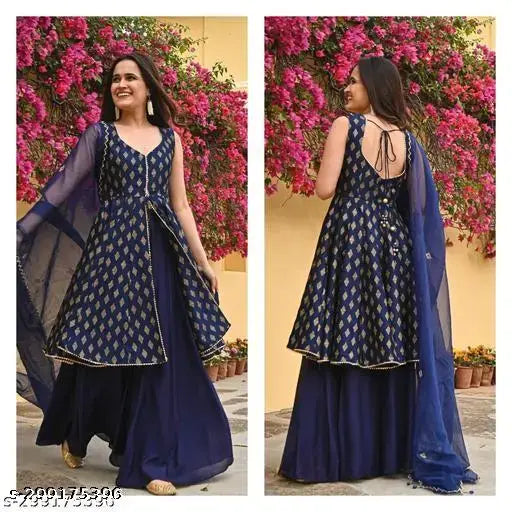 Womens rayon gold printed front slit kurta sharara with chiffon dupatta set