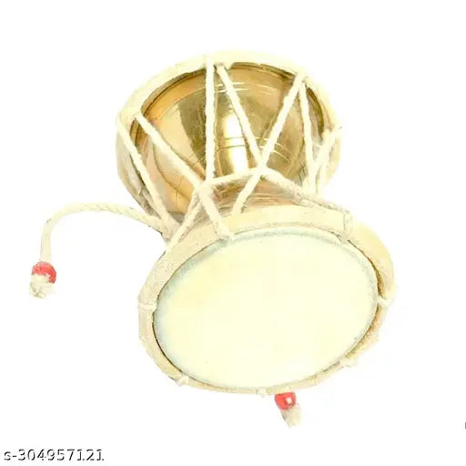 Golden brass handmade SIYARAM Damru for musical play, ideal gift for music-loving kids, Indian artisan crafted