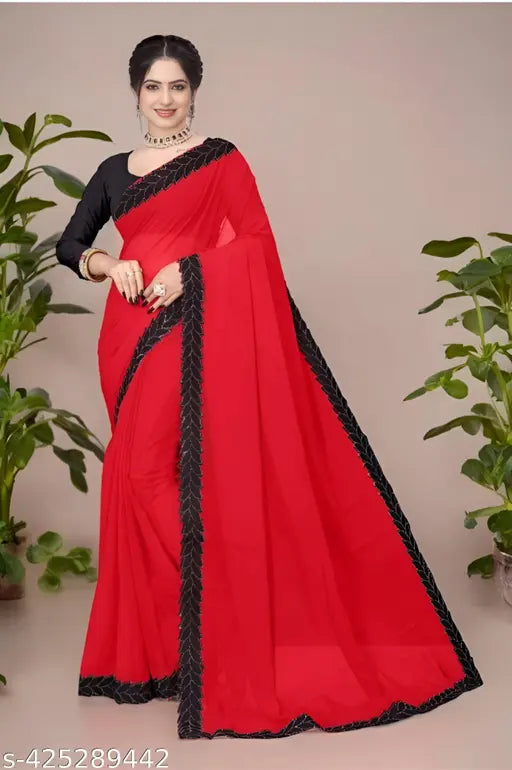Red soft semi-silk Banarasi sari with matching blouse piece for women