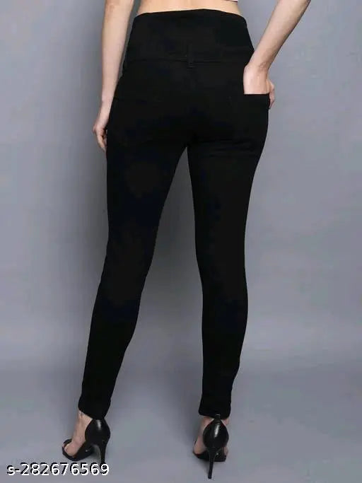 Black cotton blend tie-up jeans for women, size 32 (waist 32", length 38") - Indian import on mannequin
