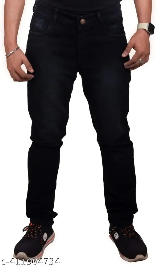 Black knit full-length denim jeans for men, stylish party/festive wear in solid pattern, size 28, 30, 32, 34, or 36. Made in India