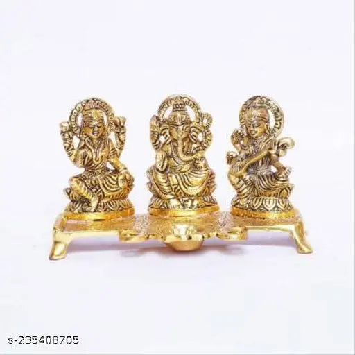 Metal Ganesha-Laxmi-Saraswati Chowki with Diya set, 10cm x 18cm x 10cm, for home, temple, office decoration or gifting