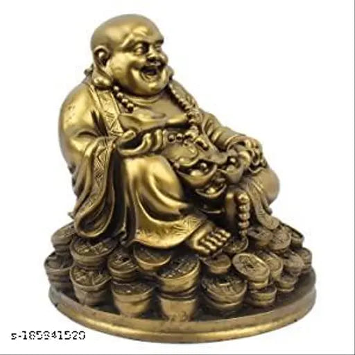Polyresin Laughing Buddha Figurine with Luck Money Coins and Golden Ingot - Indian Art for Home Decoration & Gifting (1 Piece)