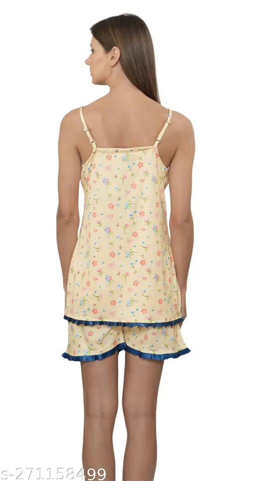 Women's yellow poly silk shorts set, printed net for comfortable nightwear
