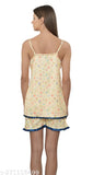 Women's yellow poly silk shorts set, printed net for comfortable nightwear