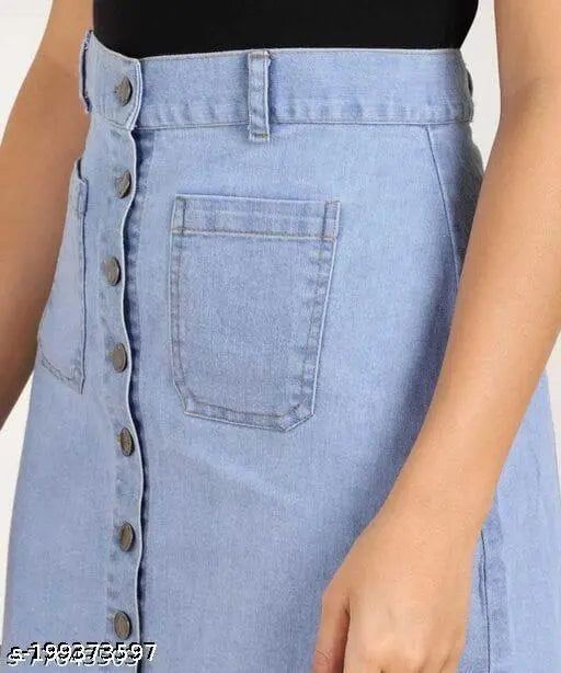 Light blue denim skirt with buttoned waistband