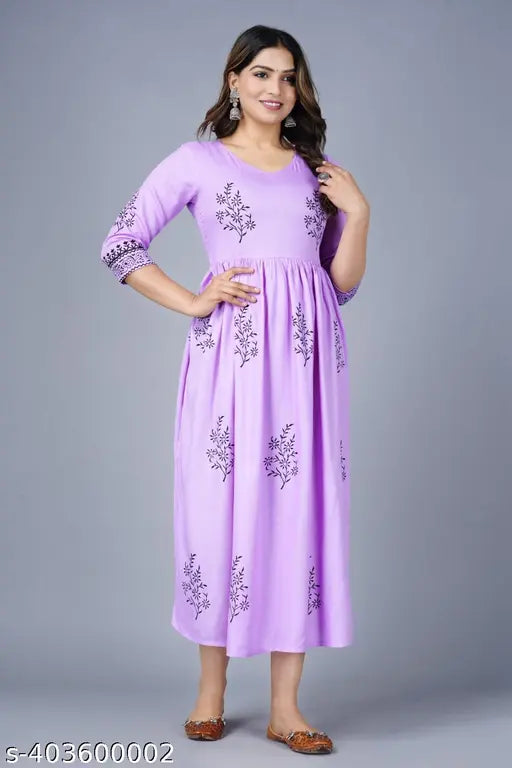 Purple rayon hand-printed women's kurti, vibrant floral design, comfortable for daily wear and travel