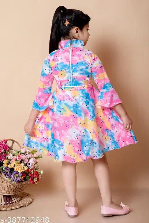 Multi-colored patterned chiffon girls party dress with puffy sleeves and embroidered waistband