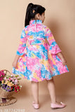 Multi-colored patterned chiffon girls party dress with puffy sleeves and embroidered waistband