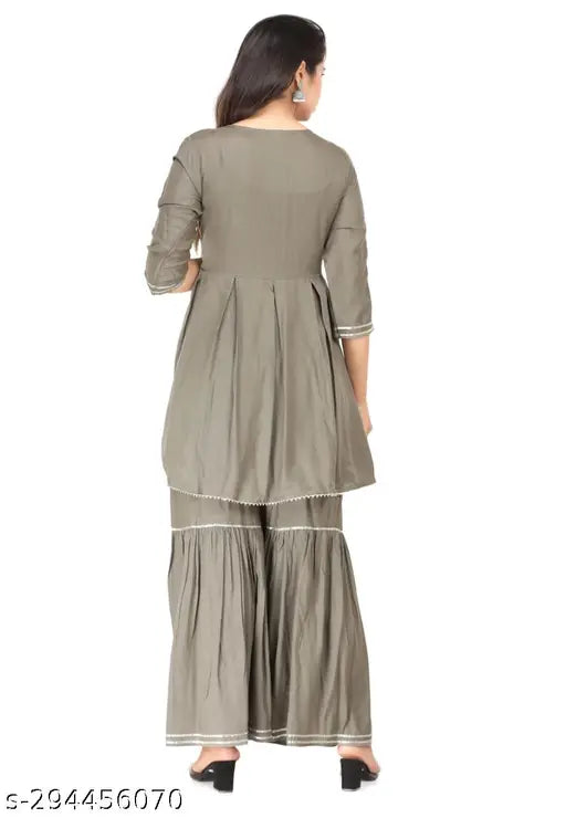 Grey rayon women's kurta with sharara and dupatta set, mid-calf length, fitted silhouette
