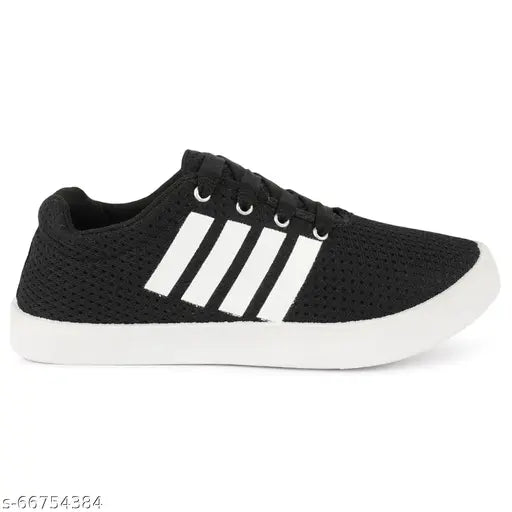 Stylish Adidas sports running shoes for boys - black and white with stripes, flat sole, elastic inset