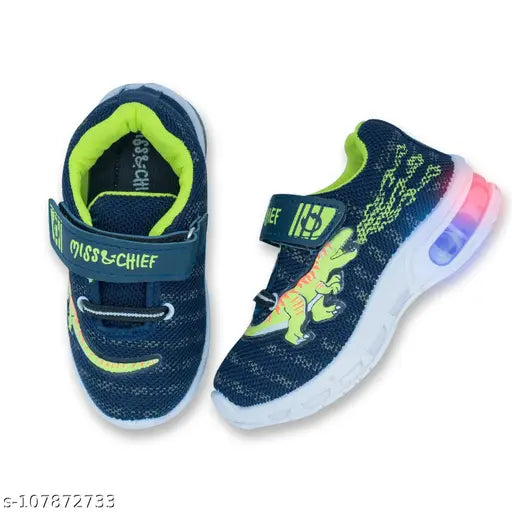 Black and blue kids' LED light sports shoes, featuring a lace-up front design with a colorful graphic and neon yellow accents