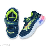 Black and blue kids' LED light sports shoes, featuring a lace-up front design with a colorful graphic and neon yellow accents