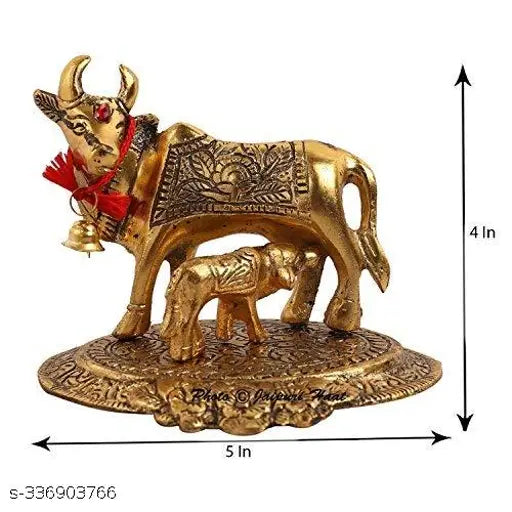 Golden metal Kamdhenu cow calf holy wish fulfilling Gomata statue, 3x2x3 inches