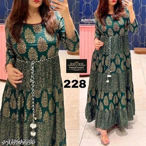 Gold rayon long-sleeved anarkali gown with trendy goldan print, traditional Indian fashion for women