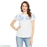 White embroidered rayon top with short sleeves, intricate lace detailing, vibrant thread embroidery - summer wear, India origin